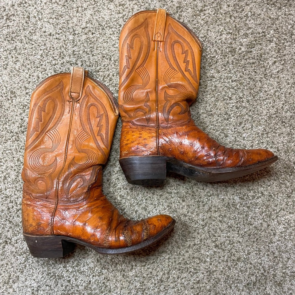 Vintage El Dorado Ostrich Leather Cowboy Boots Mens 9.5 D Cognac Brown Handmade